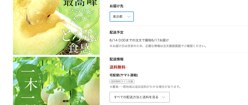 楽天市場のお届け可能日の表示事例